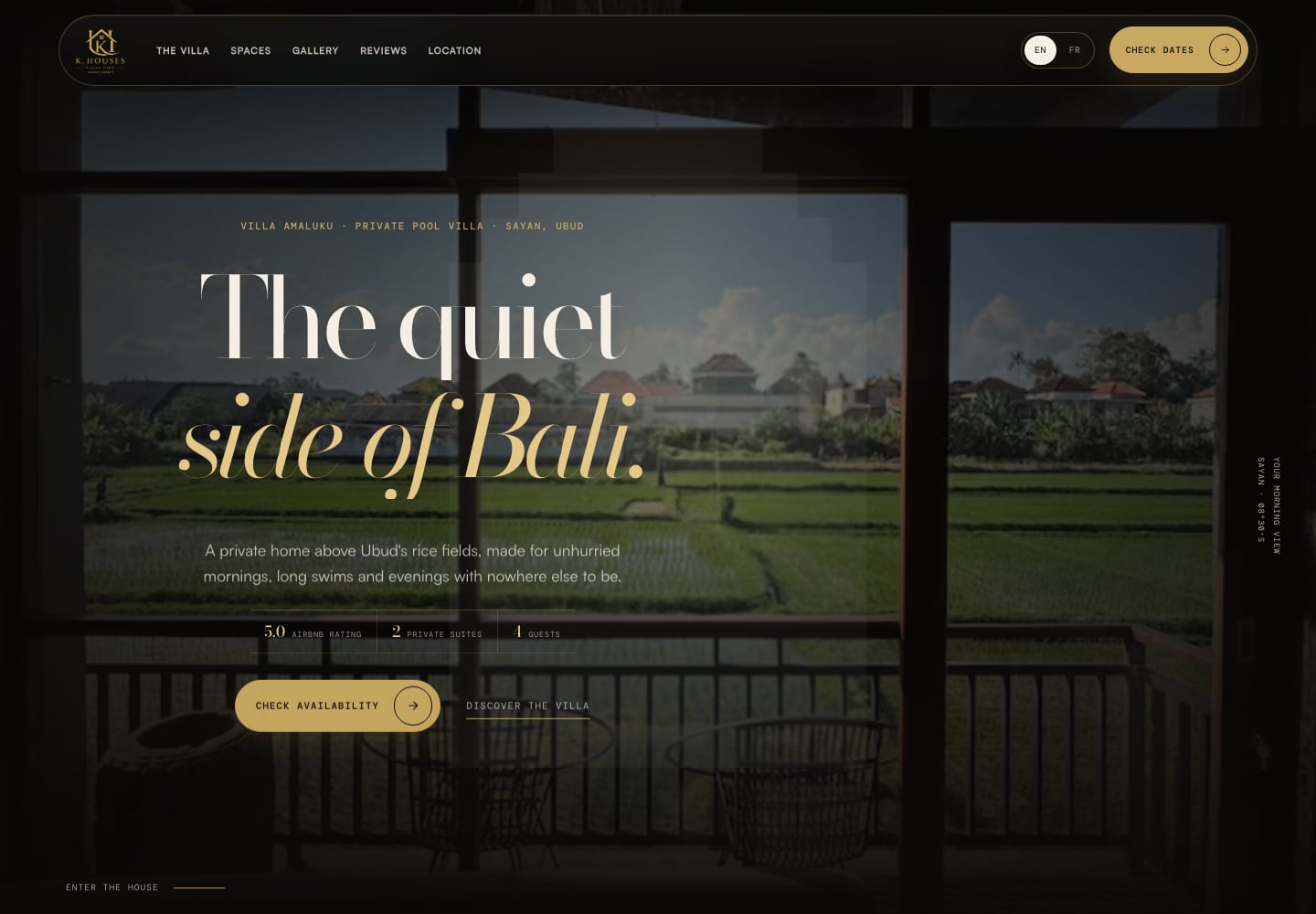 Page d'accueil du site Villa Amaluku face aux rizières d'Ubud